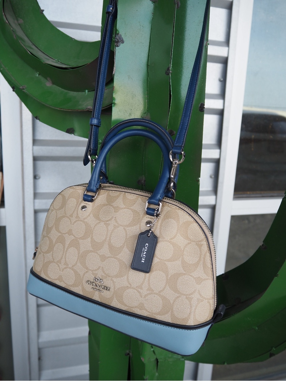 Coach Khaki Signature Canvas Satchel with Light Blue and Navy Trim